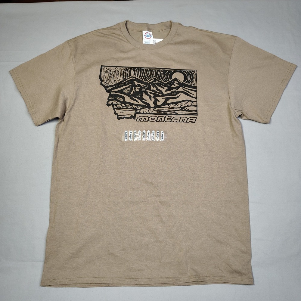 Vintage Montana Mountain Graphic T-Shirt Khaki Tan Delta Pro Weight Mens Large‎